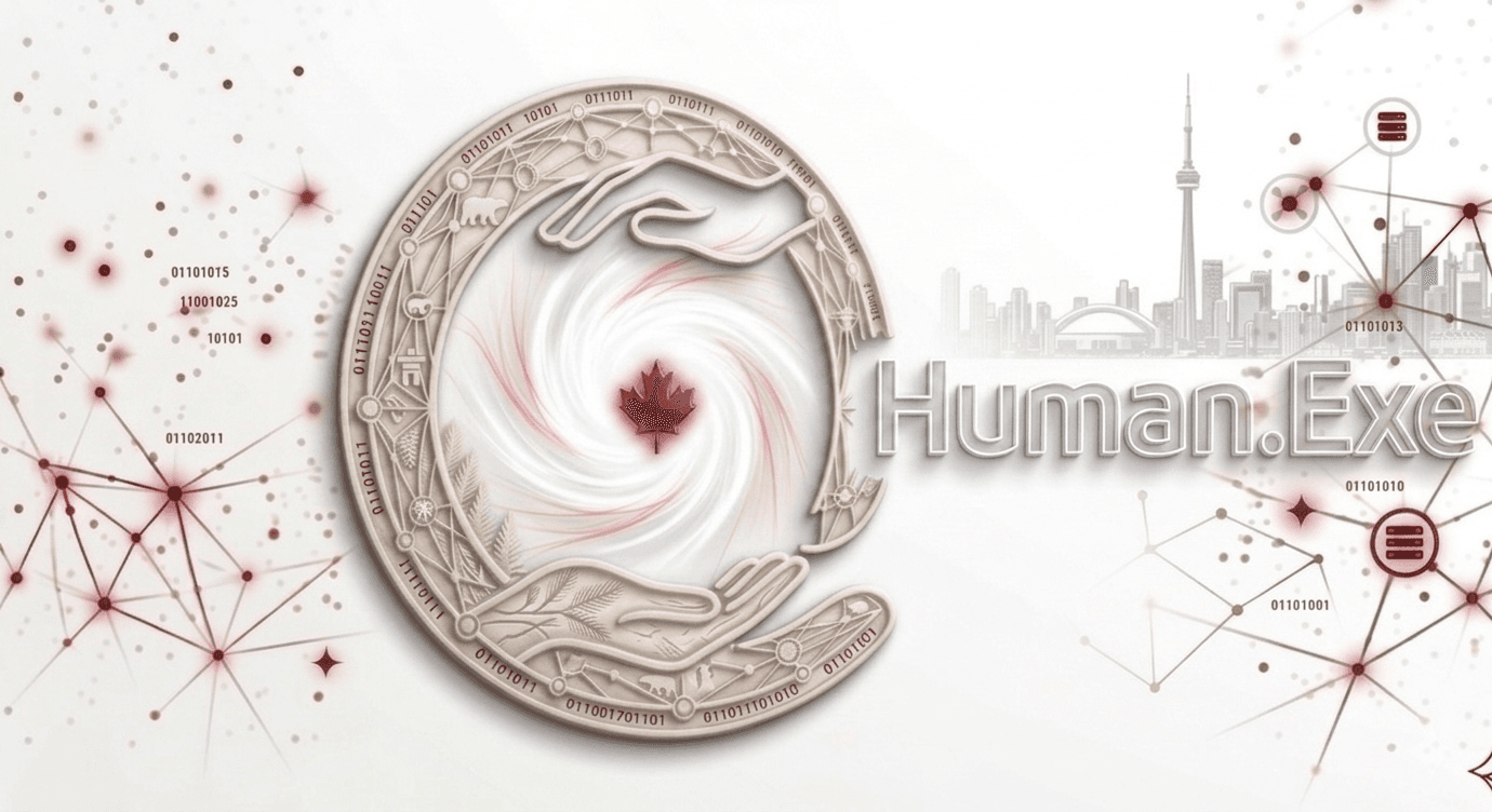Human.Exe β Canadian AI Governance. The governance seal with two hands forming a circle around a maple leaf vortex, Toronto skyline, and neural governance network.